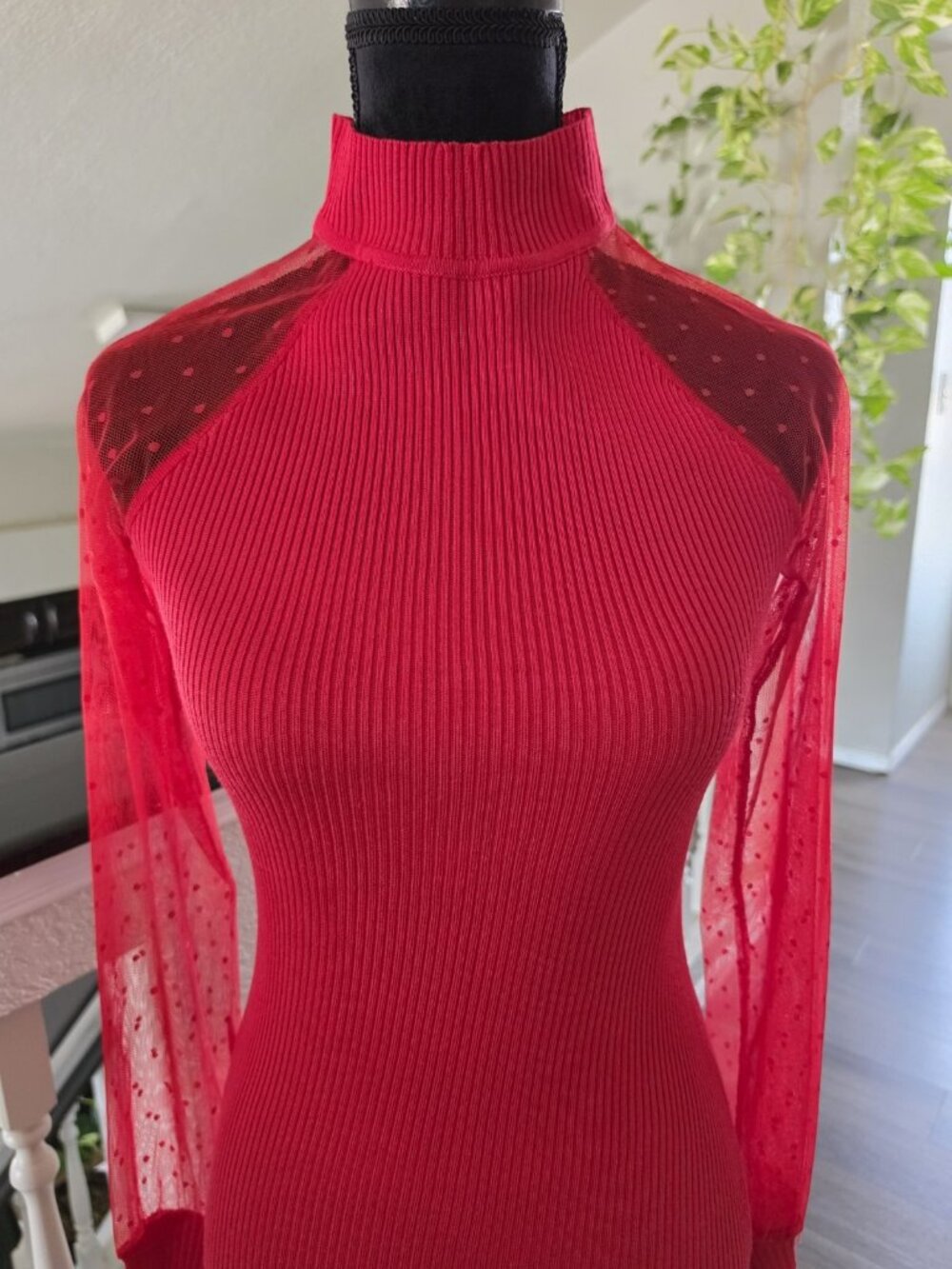 ALMOST FAMOUS  Red Ribbed Knit Turtleneck Sheer Sleeve Bodycon Dress Size S - Picture 8 of 11